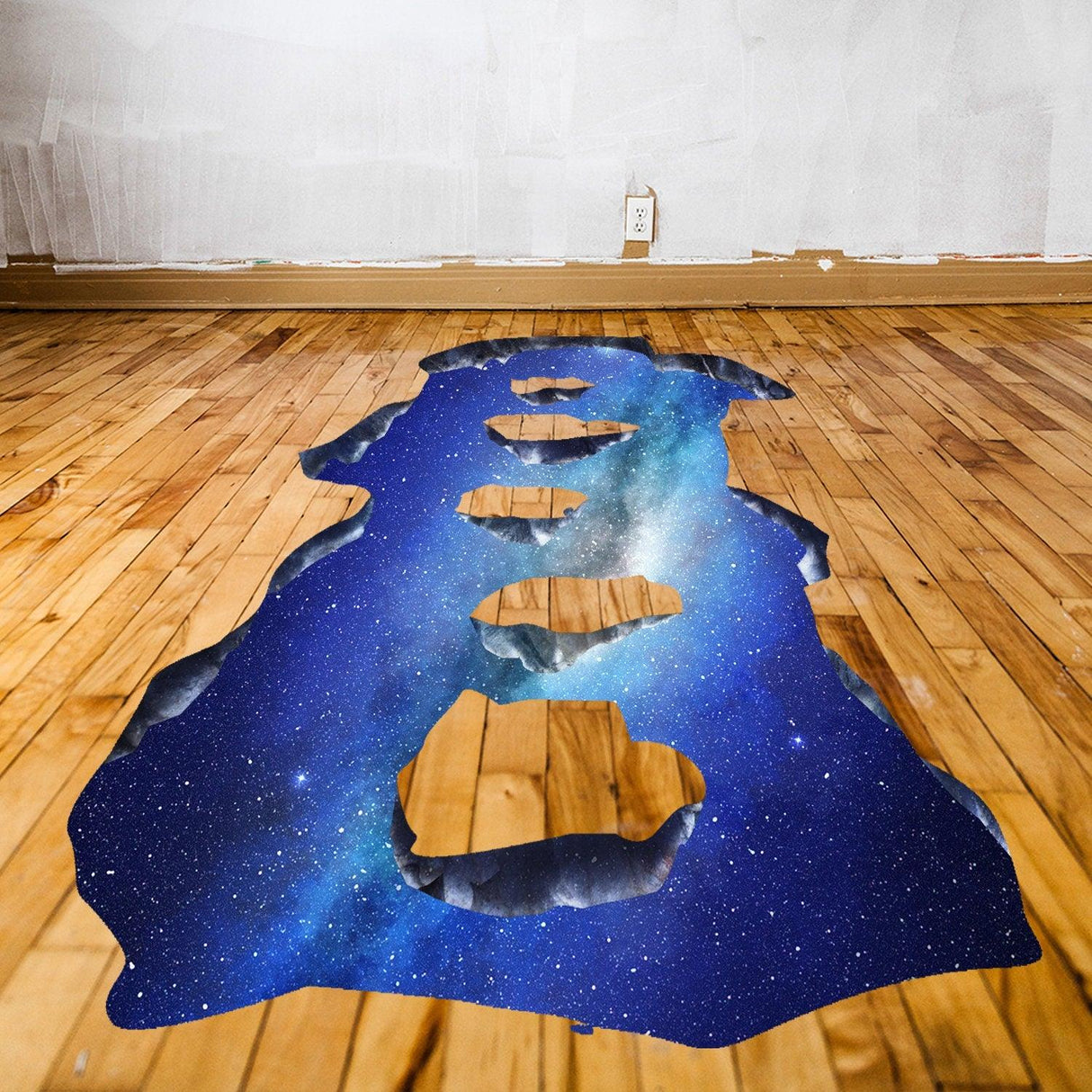 3D space bridge vinyl decal on wooden floor, featuring a galaxy design with starry patterns, creating an illusion of depth.