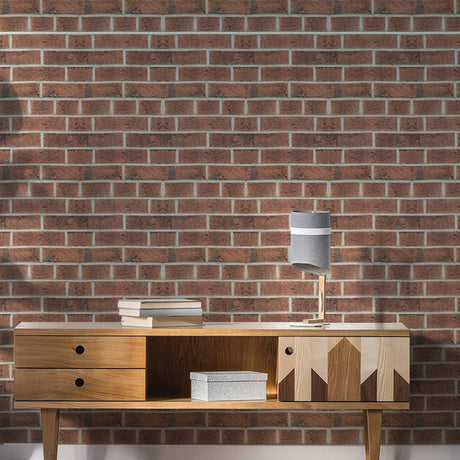 Brick self-adhesive wallpaper with 3D effect displayed in a living room setting featuring a modern wooden console.
