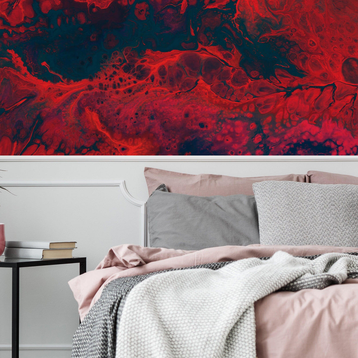Stylish bedroom featuring a red and blue marble vinyl wallpaper, enhancing the elegant decor aesthetic.