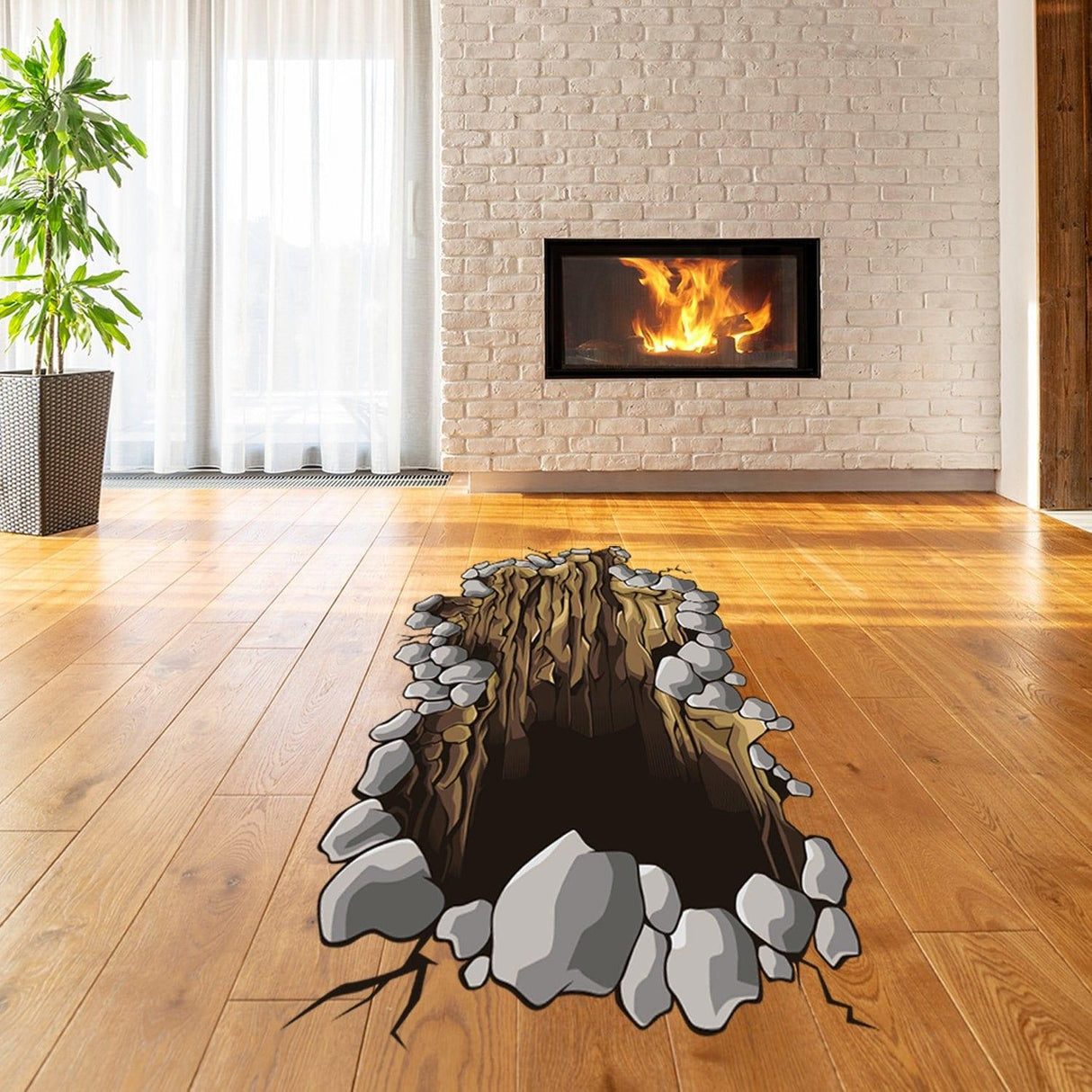 3D floor porthole sticker design featuring a realistic hole with rocks and wood on a wooden floor.
