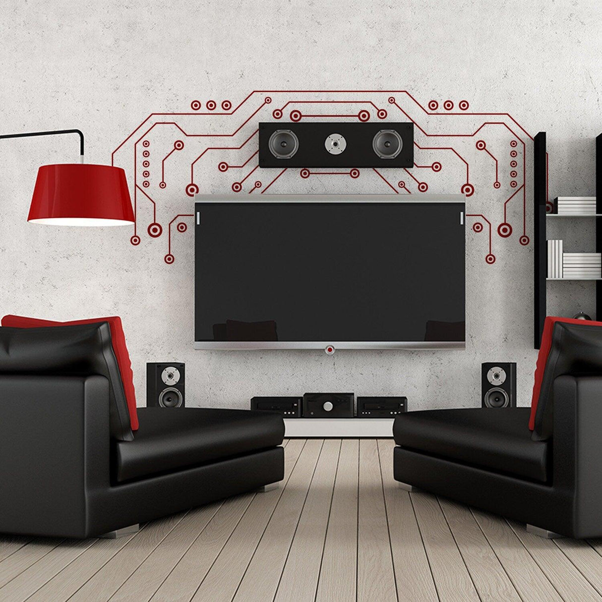 Stylish living room with a TV decorated by vinyl decals, featuring black furniture and modern sound system.