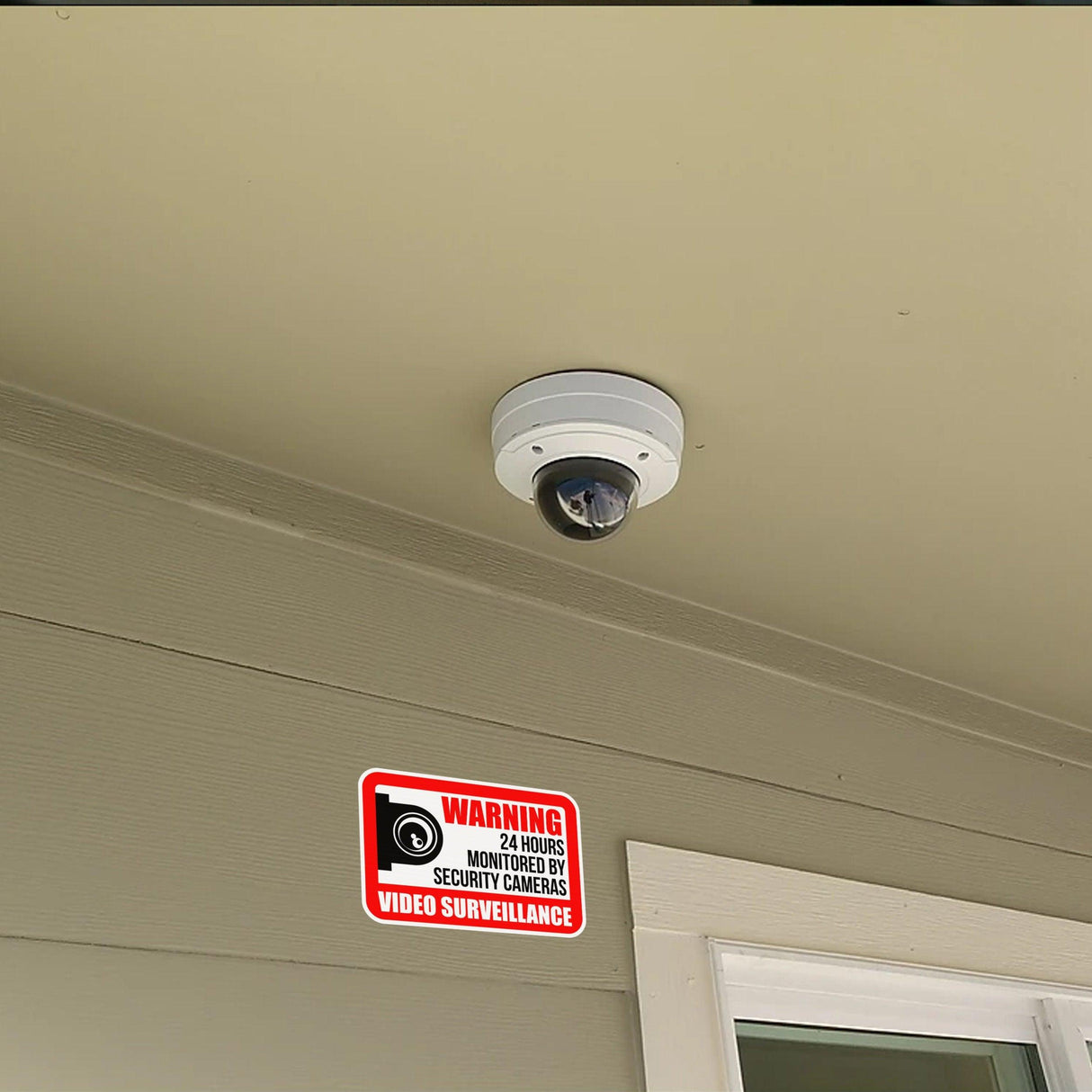 Surveillance camera mounted on a wall with a security warning sign, ideal for enhancing home or business security.