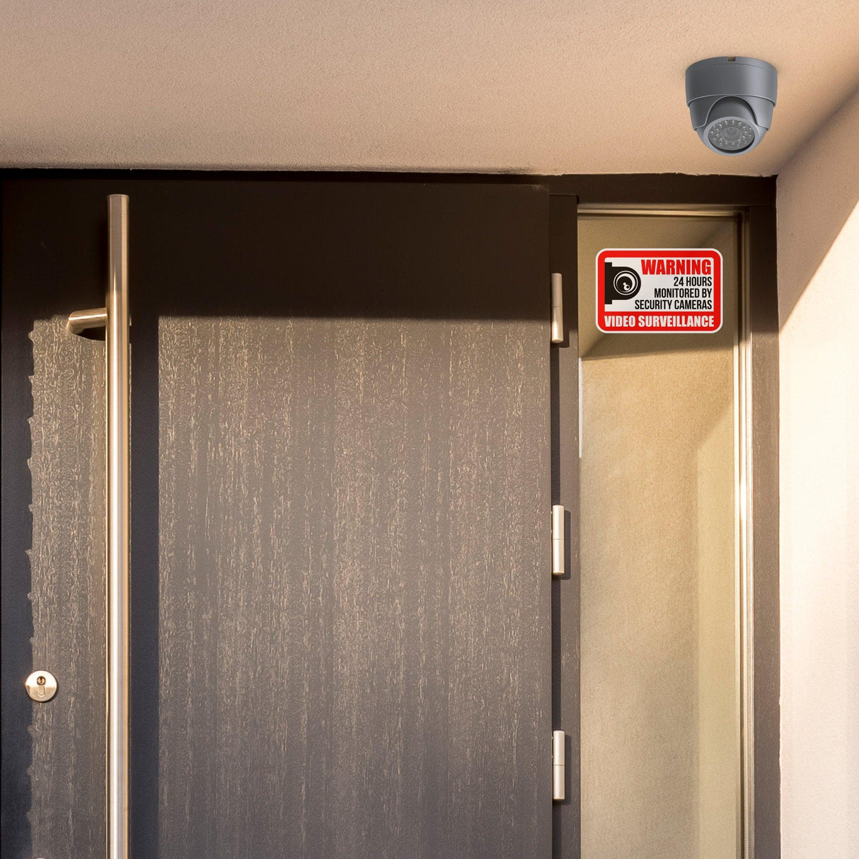 Door with video surveillance warning sign and camera for enhanced security measures at home.