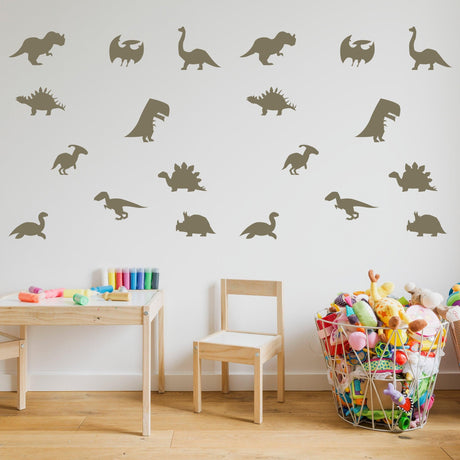 40 dinosaur silhouette wall decals in a nursery, adding whimsical decor to the baby room.