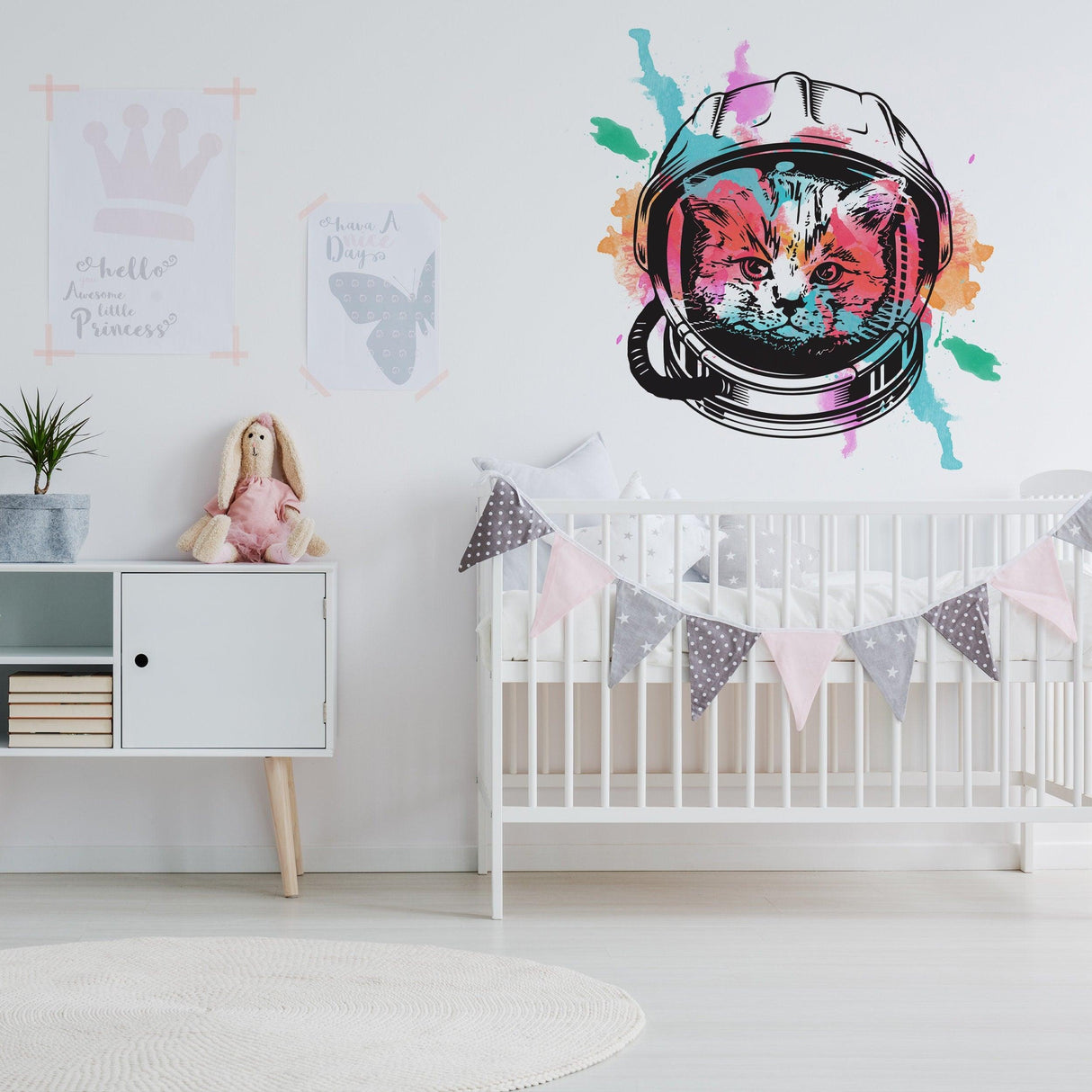 Space Cat wall art decor showcasing a cheerful astronaut kitten in a colorful nursery setting.
