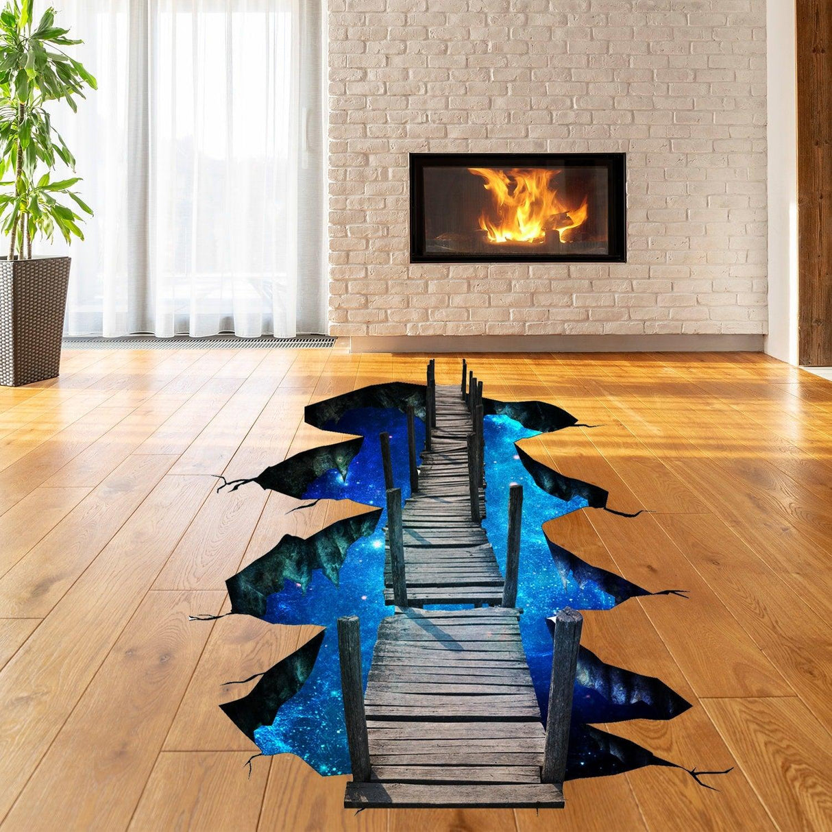 3D space bridge vinyl floor decal with galaxy design in modern living room setting.