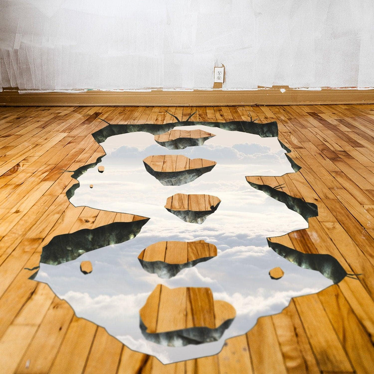 Realistic 3D space bridge vinyl decal on a wooden floor, creating a whimsical galaxy atmosphere.
