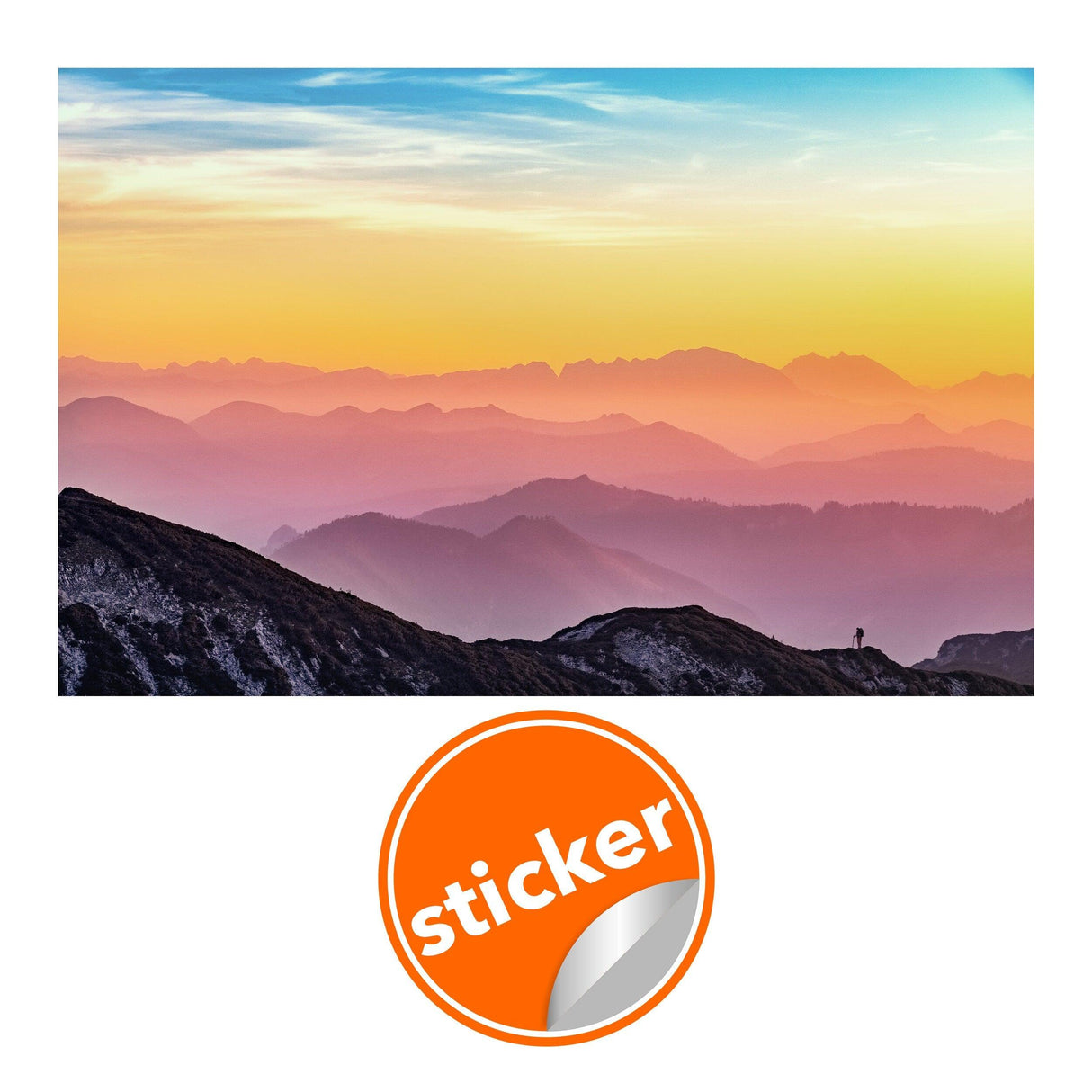 Vibrant sunset wallpaper decal featuring colorful mountains and a serene landscape.