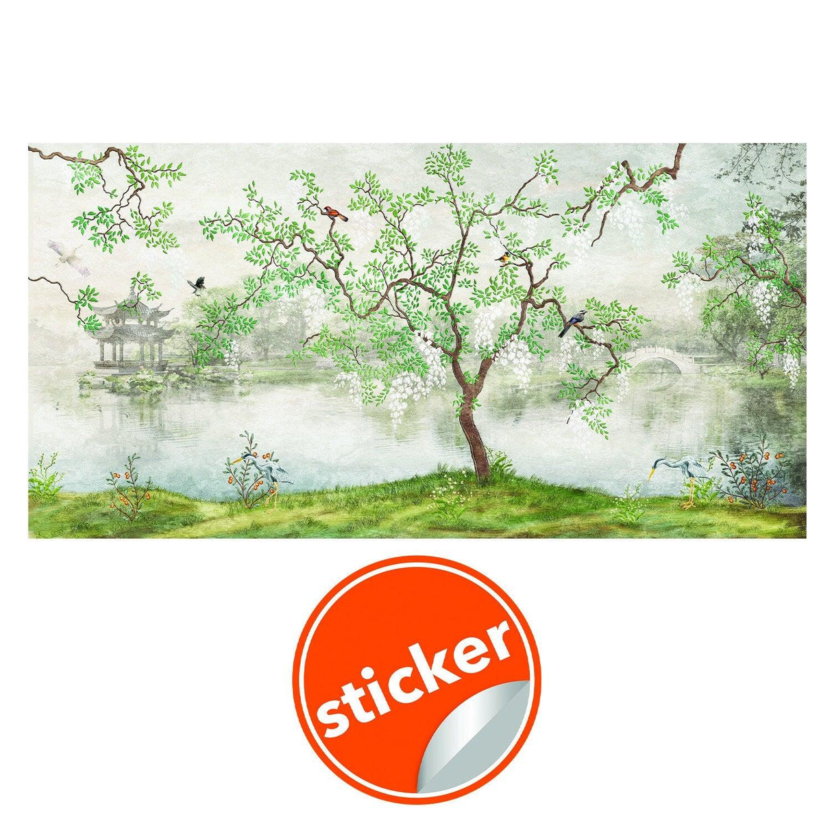 Toile Bedroom Chinoiserie wallpaper sticker with a grey garden scene featuring trees and a serene landscape.