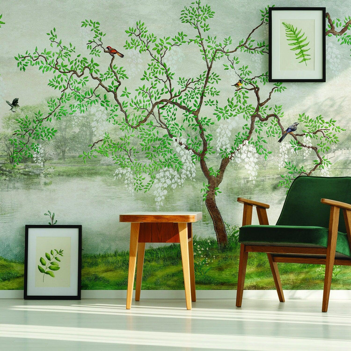 Chinoiserie wallpaper featuring green leaves and birds in a serene garden setting with rustic furniture.