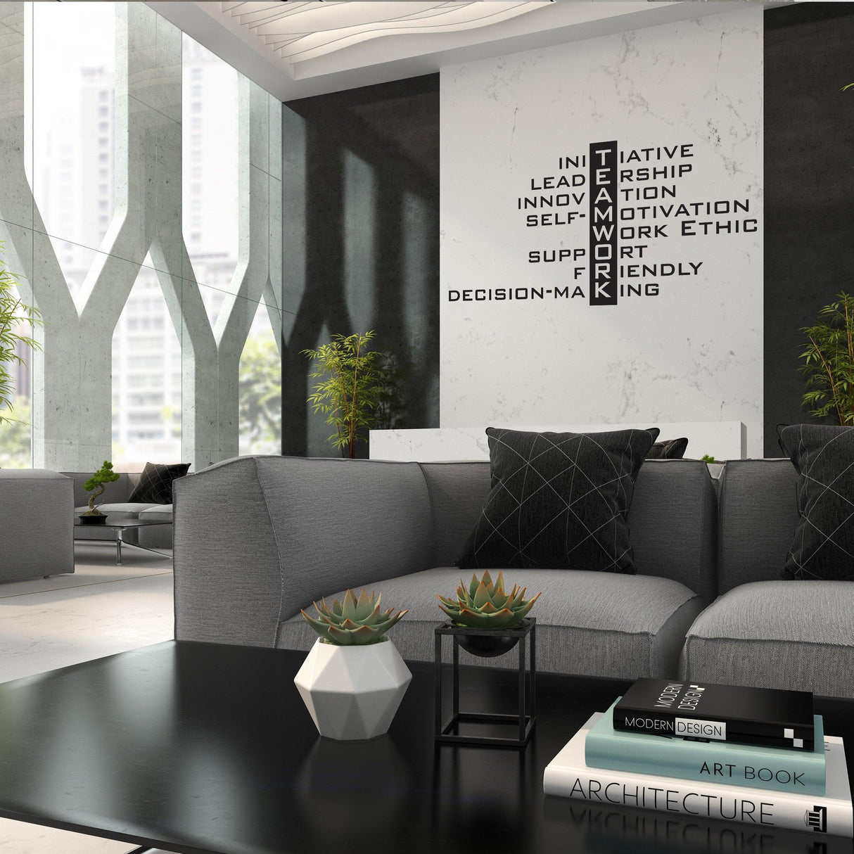 Modern office interior featuring Teamwork wall sticker with inspiring quotes and elegant decor.