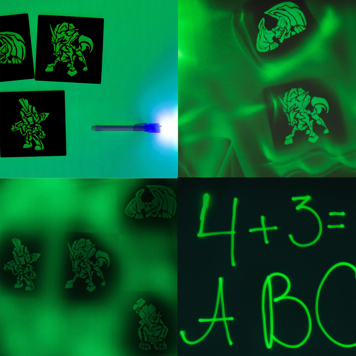 Kids' drawings glowing in the dark on a Light Drawing Board, featuring neon markers and fun characters.