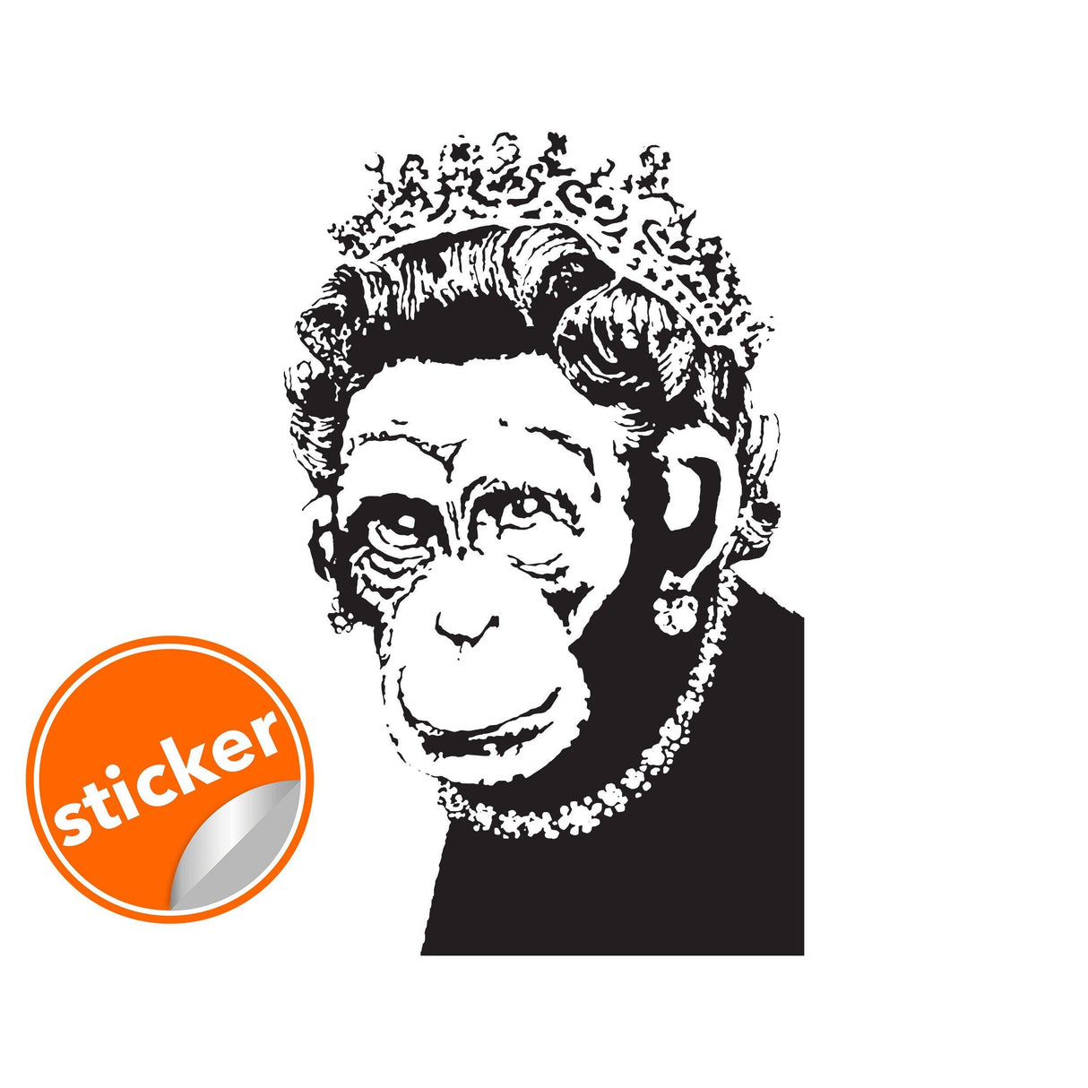 Banksy Monkey Queen wall art sticker, playful monkey with crown and pearls, humorous kitchen decal.