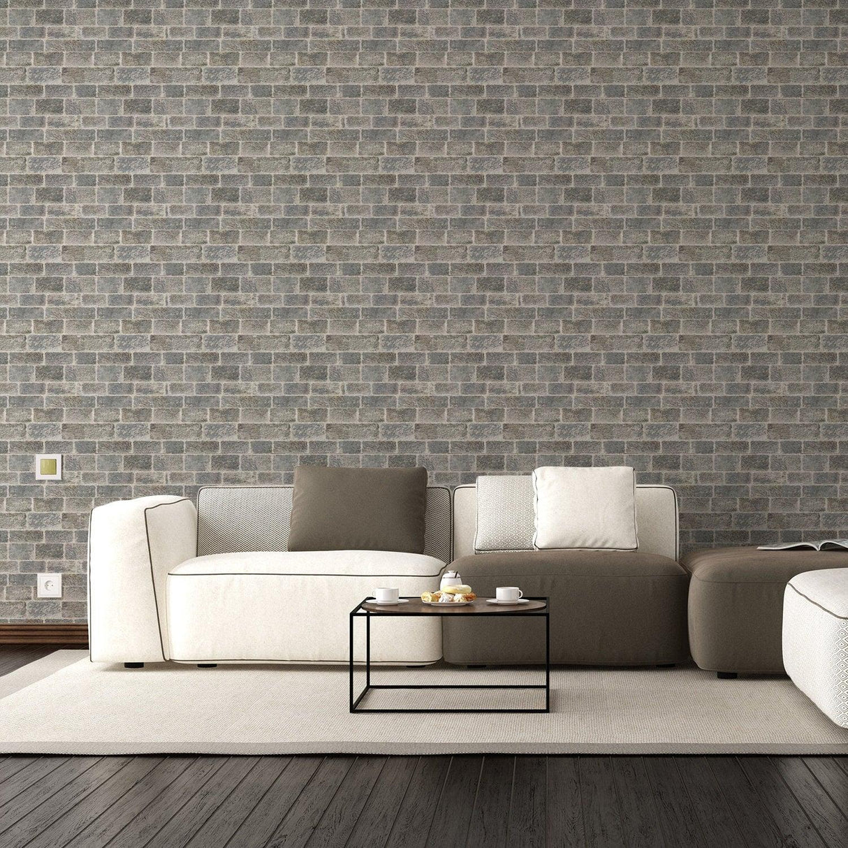 Living room with brick self-adhesive wallpaper, showcasing a modern and stylish decor with a cozy seating area.