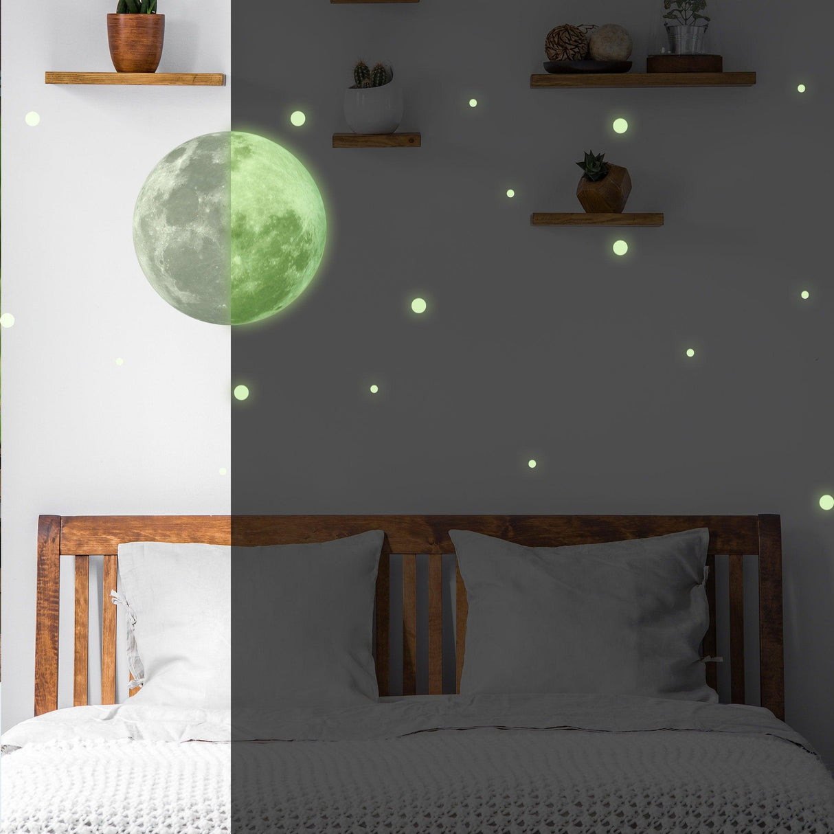 Glow in the dark full moon and star wall sticker illuminating a bedroom ceiling and wall.