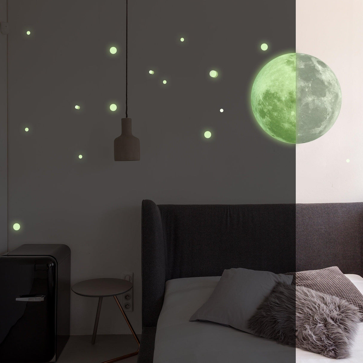 Glow in the dark full moon and stars wall sticker on a bedroom wall, creating a celestial atmosphere for decor.