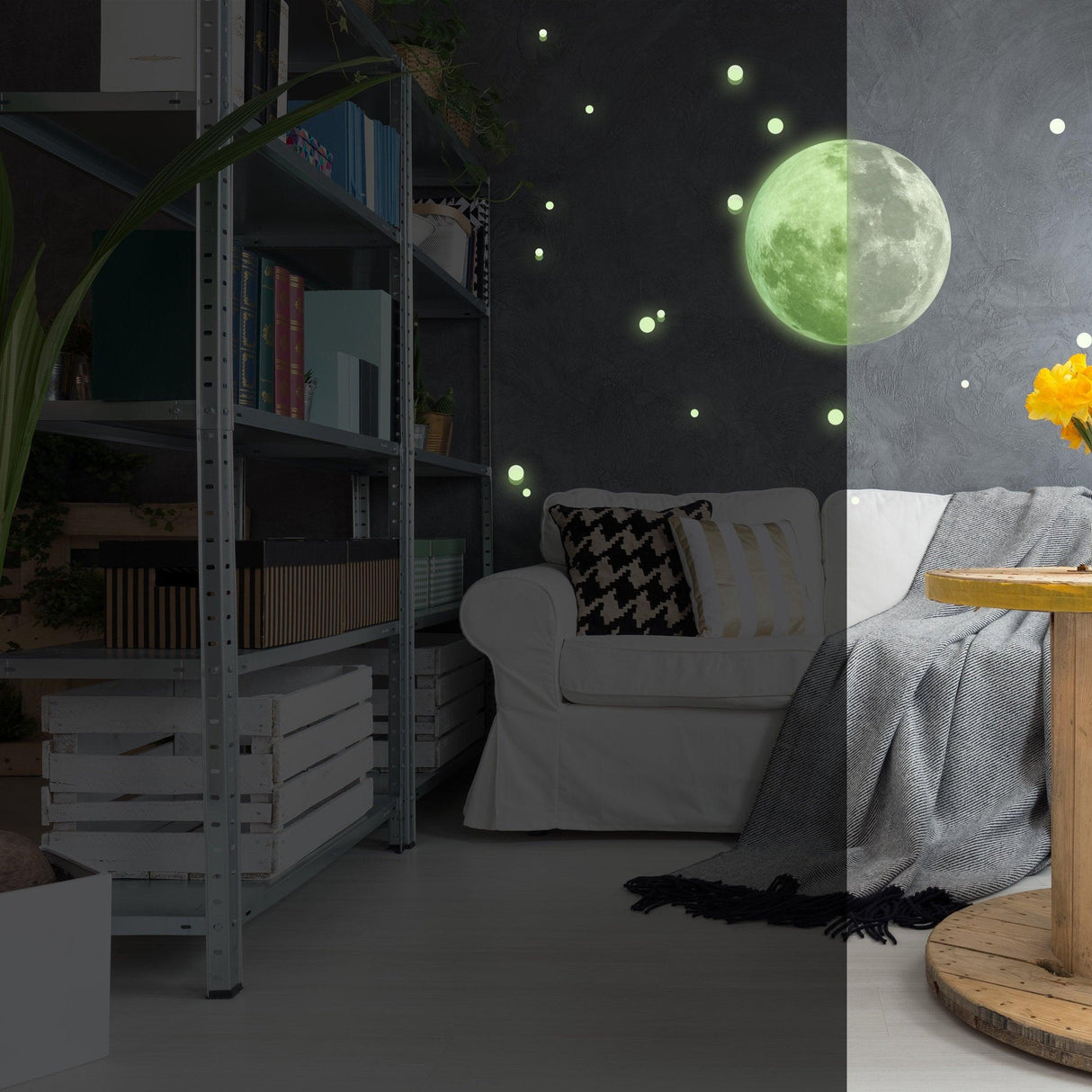 Glow in the dark full moon and stars wall sticker creating a celestial decor on bedroom ceiling.
