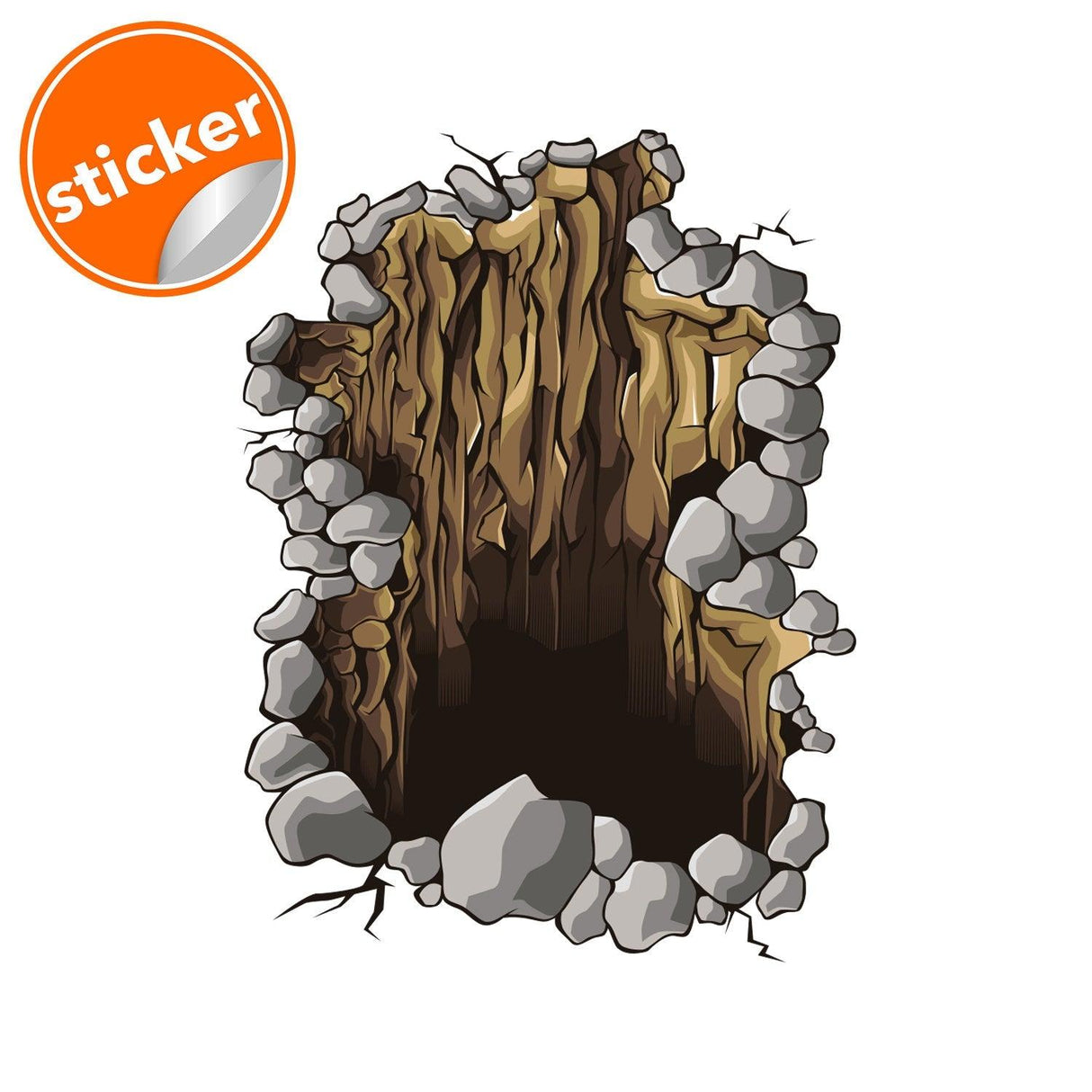 Realistic 3D floor porthole sticker design depicting a deep hole surrounded by rocks for wall decoration.