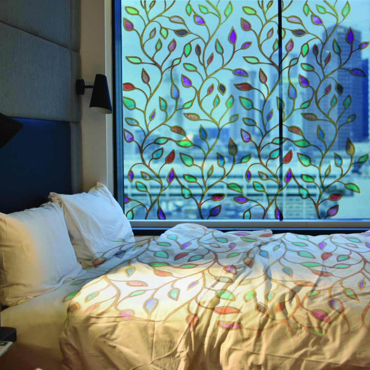 Frosted leaf window privacy glass film design covering a bedroom window, enhancing elegance and privacy.
