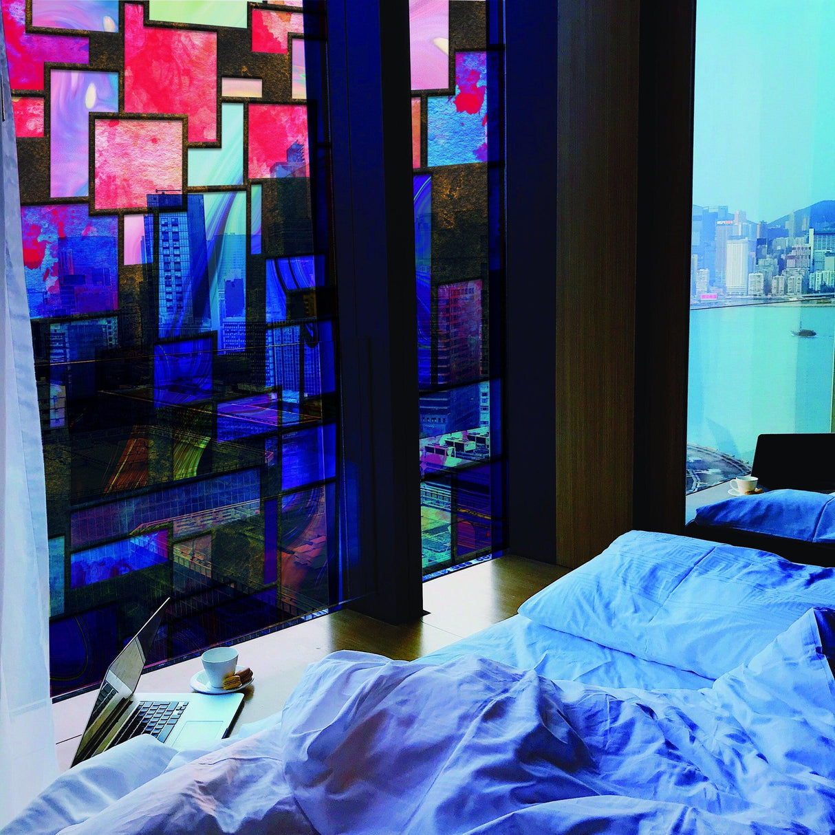 Frosted brick design window film adding privacy and style to a modern bedroom with colorful city views.