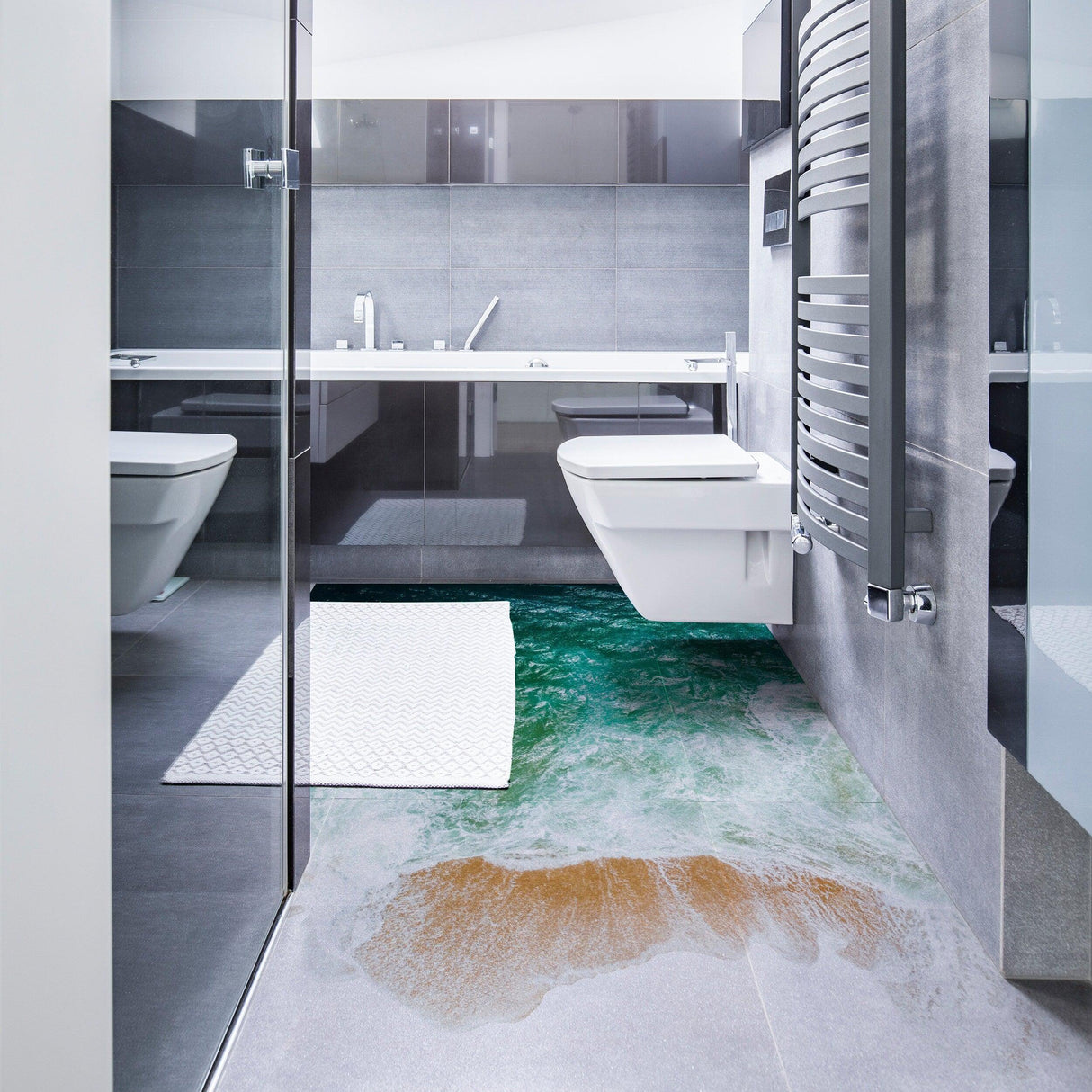 3D sea floor bathroom stickers decor on modern bathroom floor, creating an ocean-inspired oasis.