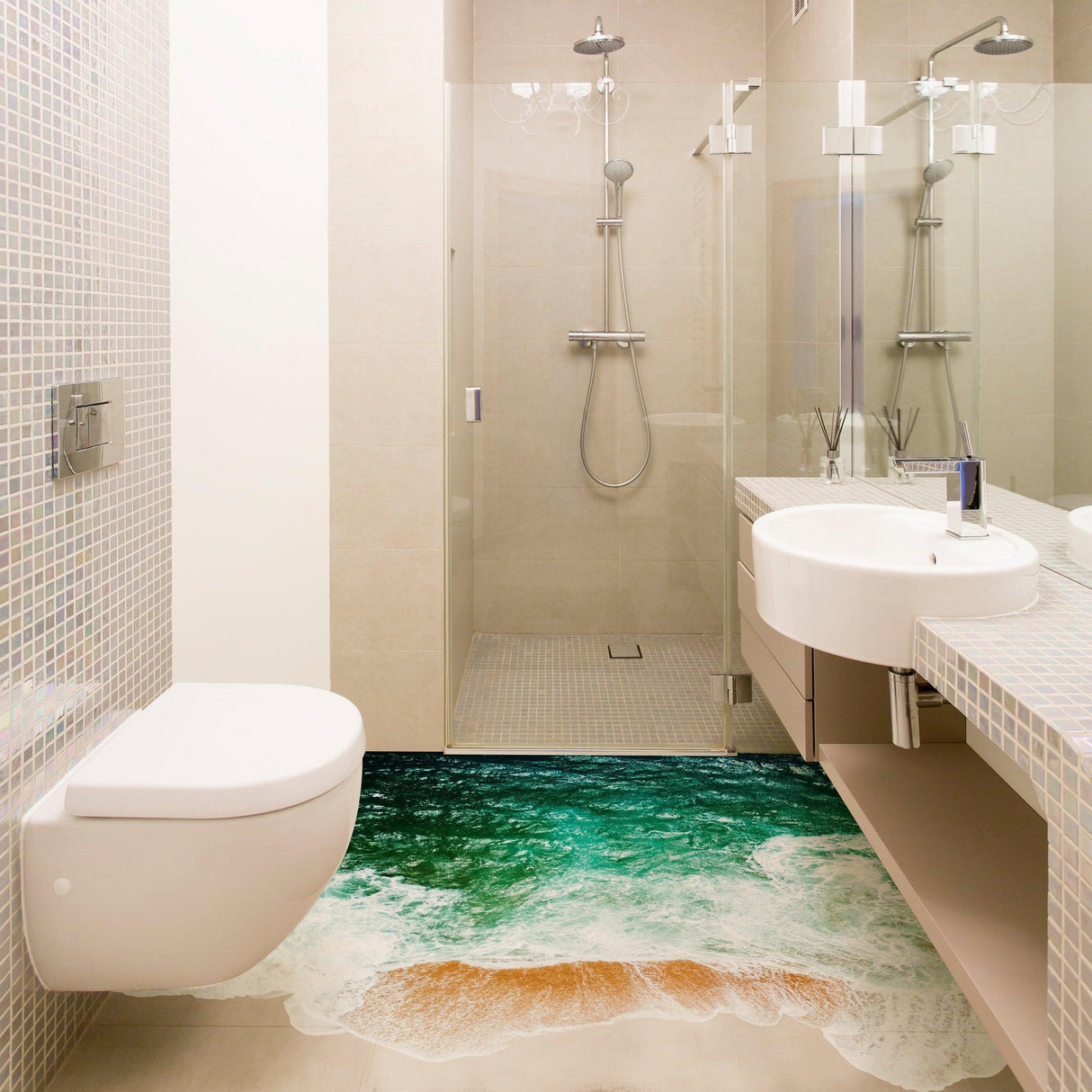 3D sea floor bathroom stickers on flooring in modern shower, creating an ocean oasis decor.