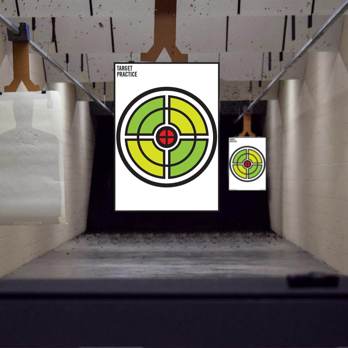 Large outdoor shooting targets set in a practice range, featuring colorful circle designs for accurate aiming.