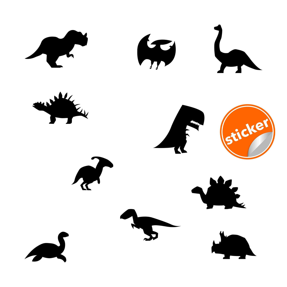Silhouette wall decals featuring various dinosaur shapes perfect for nursery decor in black vinyl.