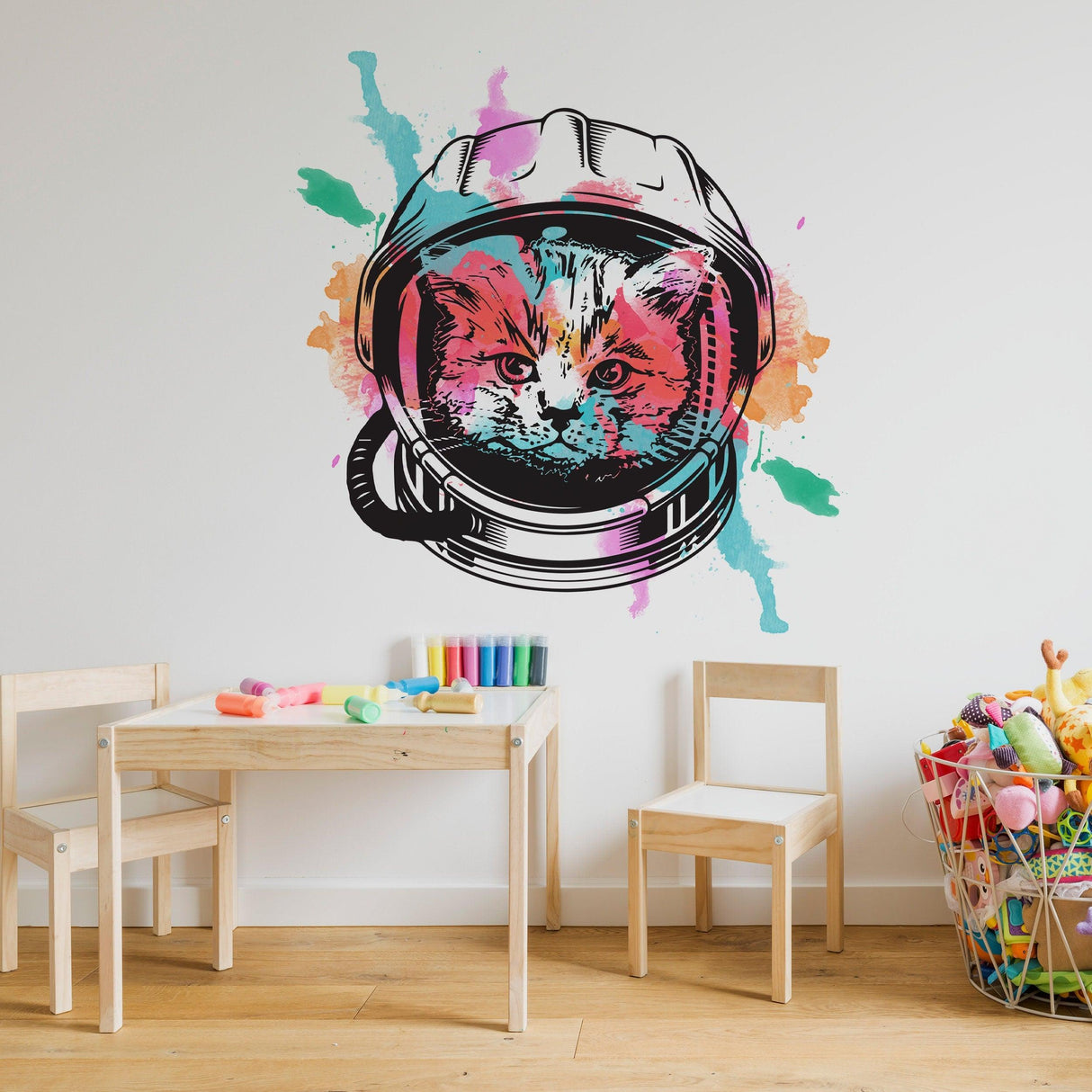 Colorful Space Cat Wall Art Decor featuring an astronaut kitten, perfect for whimsical home or kids' room decoration.