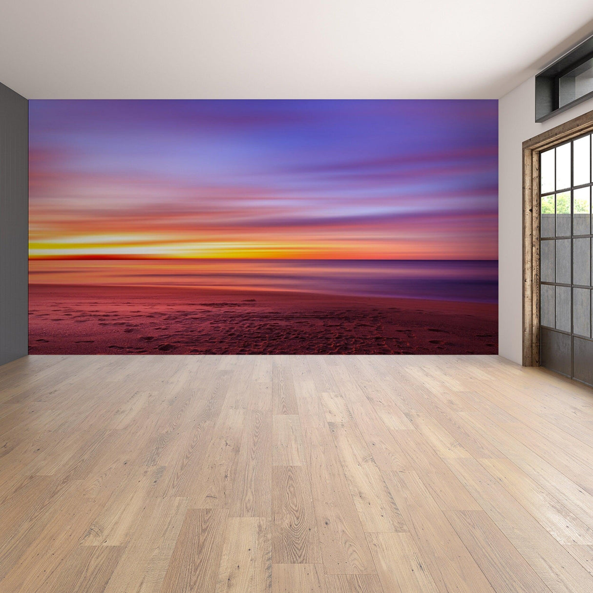 Vibrant sunset mural wallpaper decal transforming an interior space with rich colors and serene nature scene.