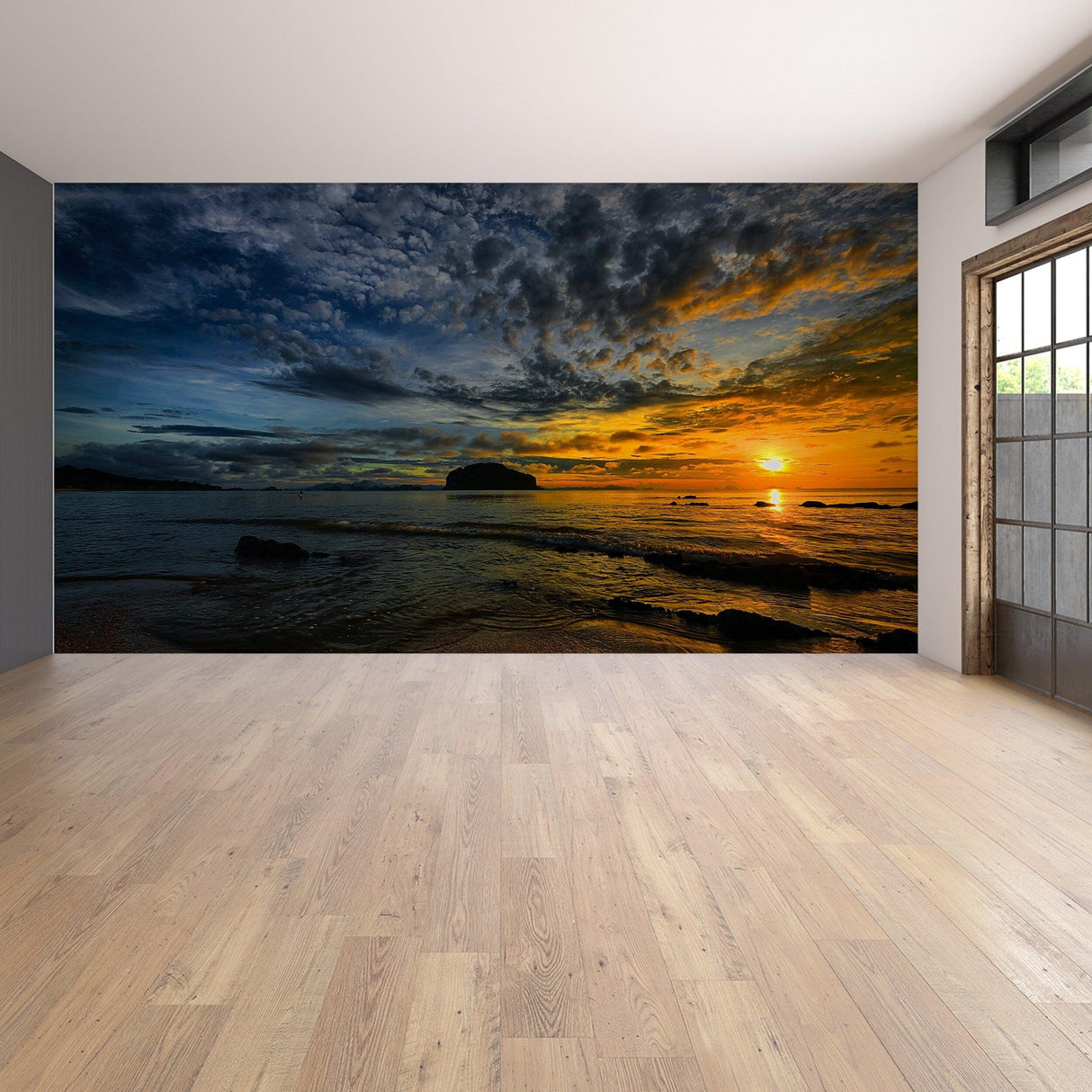 Sunset wallpaper decal featuring a vibrant sunset over the ocean, perfect for creating a tranquil atmosphere in any room.