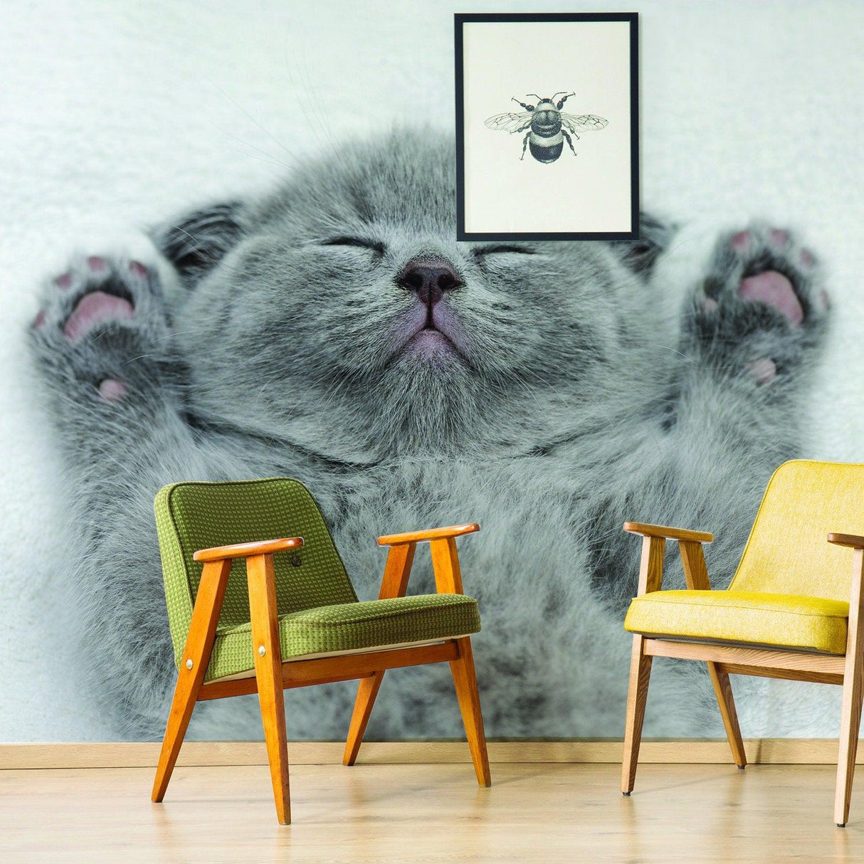 Gray kitten vinyl wall decal in a cozy living room with colorful chairs and artwork.