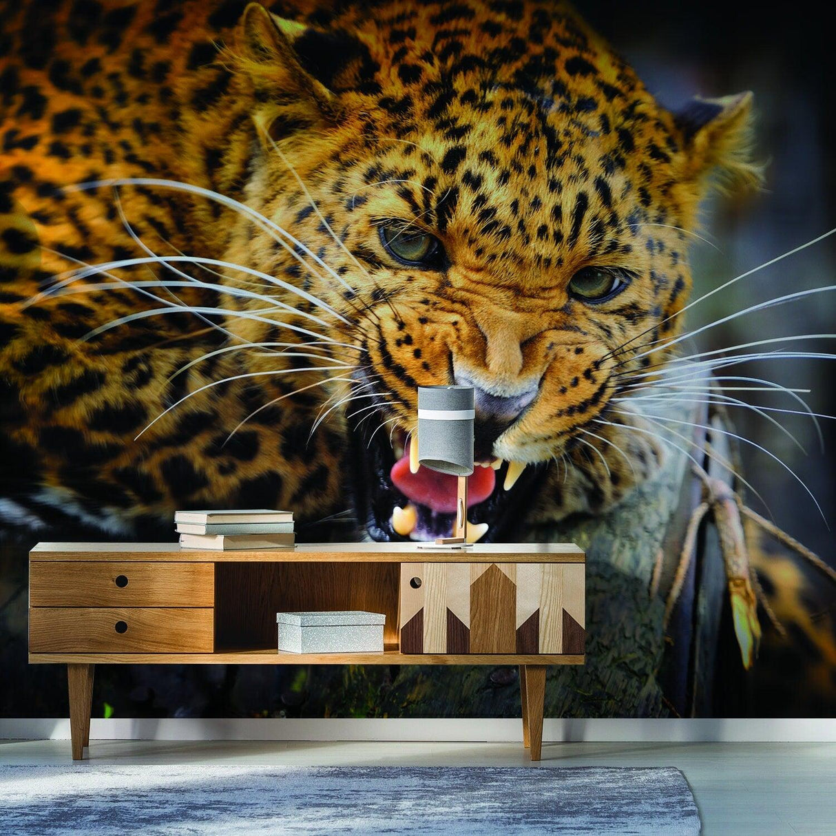 Jaguar wallpaper vinyl decal decor featuring a fierce jaguar design, enhancing modern home interiors.