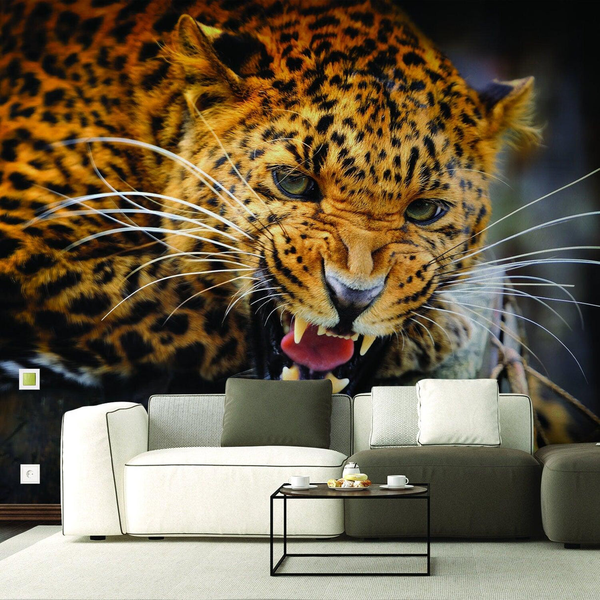 Jaguar wallpaper vinyl decal in a modern living room setting, showcasing fierce design and elegance.