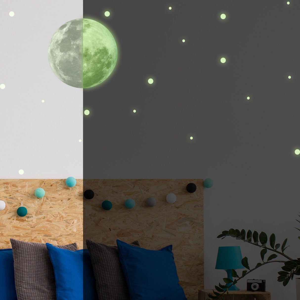Glow in the dark moon and stars wall stickers in a cozy bedroom setting, creating a celestial ambiance on the ceiling.