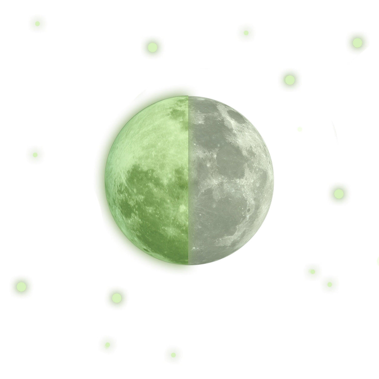 Glow in the dark moon wall sticker half green and half realistic, surrounded by glowing stars for bedroom decor.