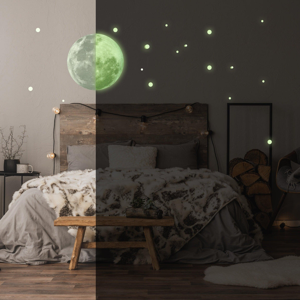 Glow in the dark moon and stars wall sticker above a cozy bed, creating a celestial atmosphere in a bedroom.