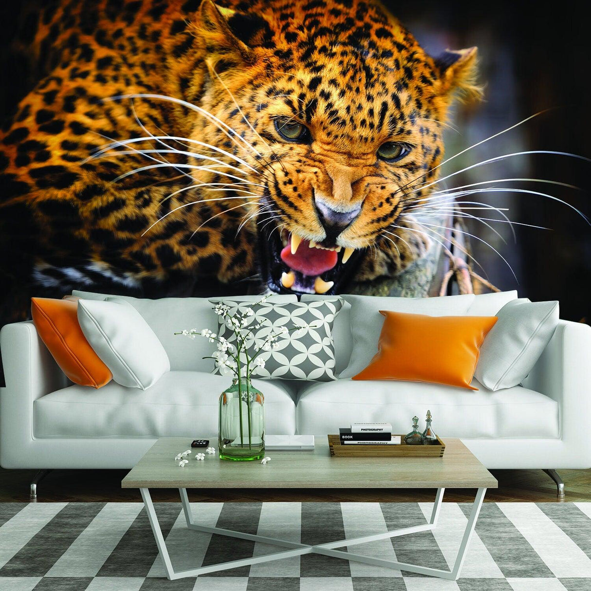 Jaguar wallpaper decal in modern living room, featuring a fierce jaguar image on the wall above a stylish sofa.