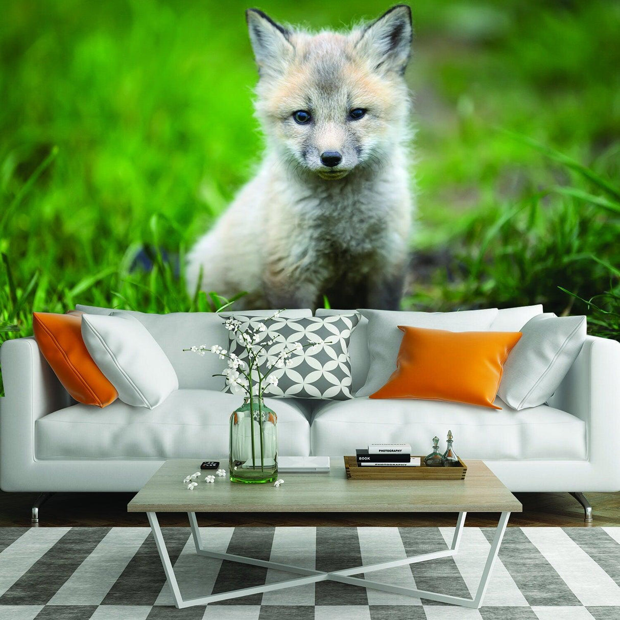 Cute little fox wallpaper decor decal in a stylish living room setting with modern furniture.