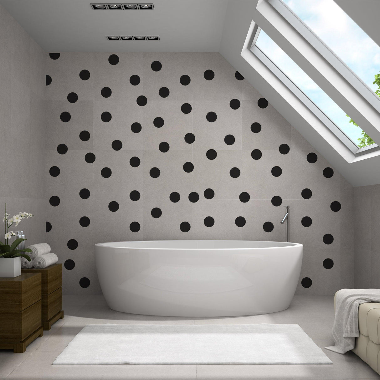 Modern bathroom featuring black circle wall stickers on a light gray wall, creating a stylish and organized look.