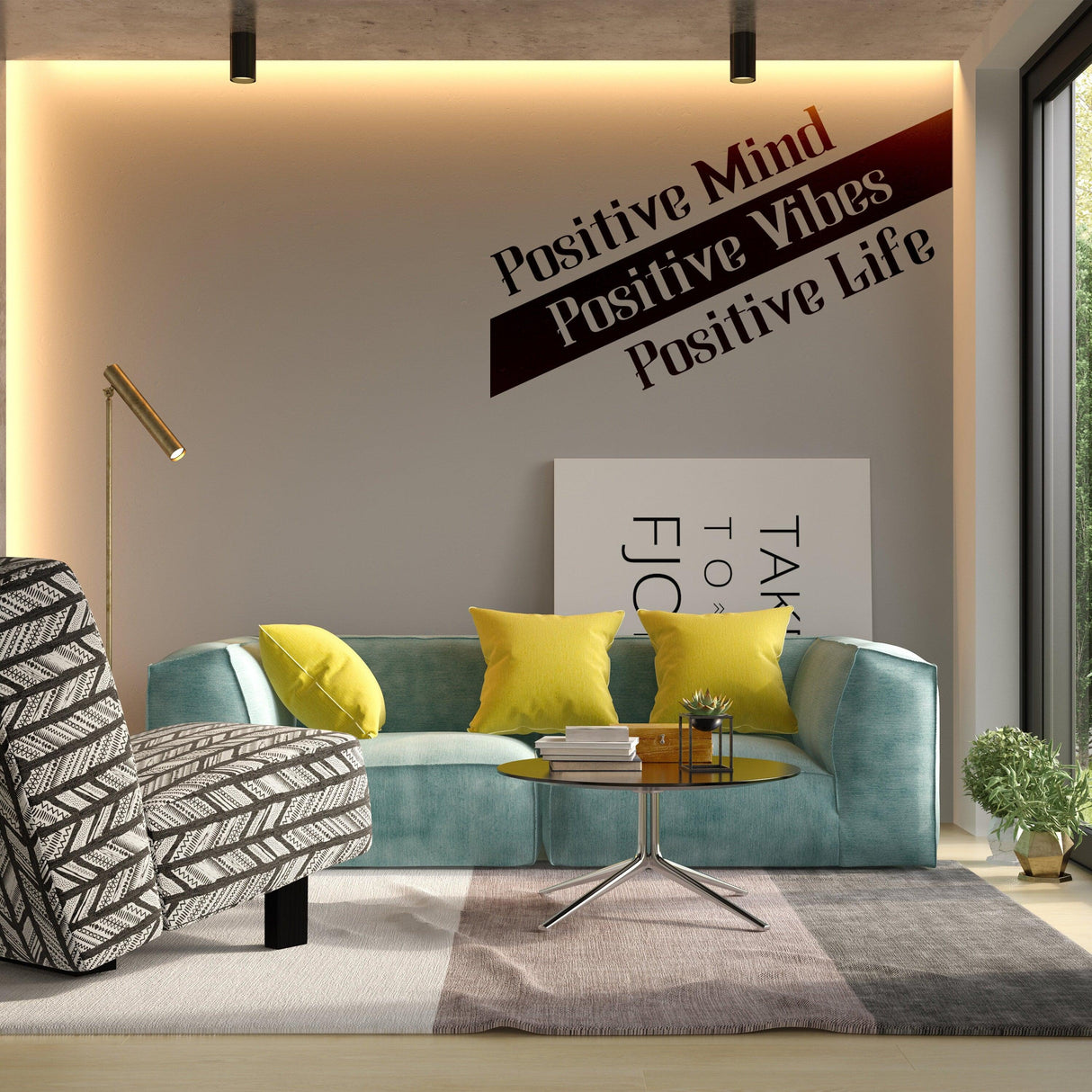 Inspirational wall decor sticker with positive quotes in modern living room setting.