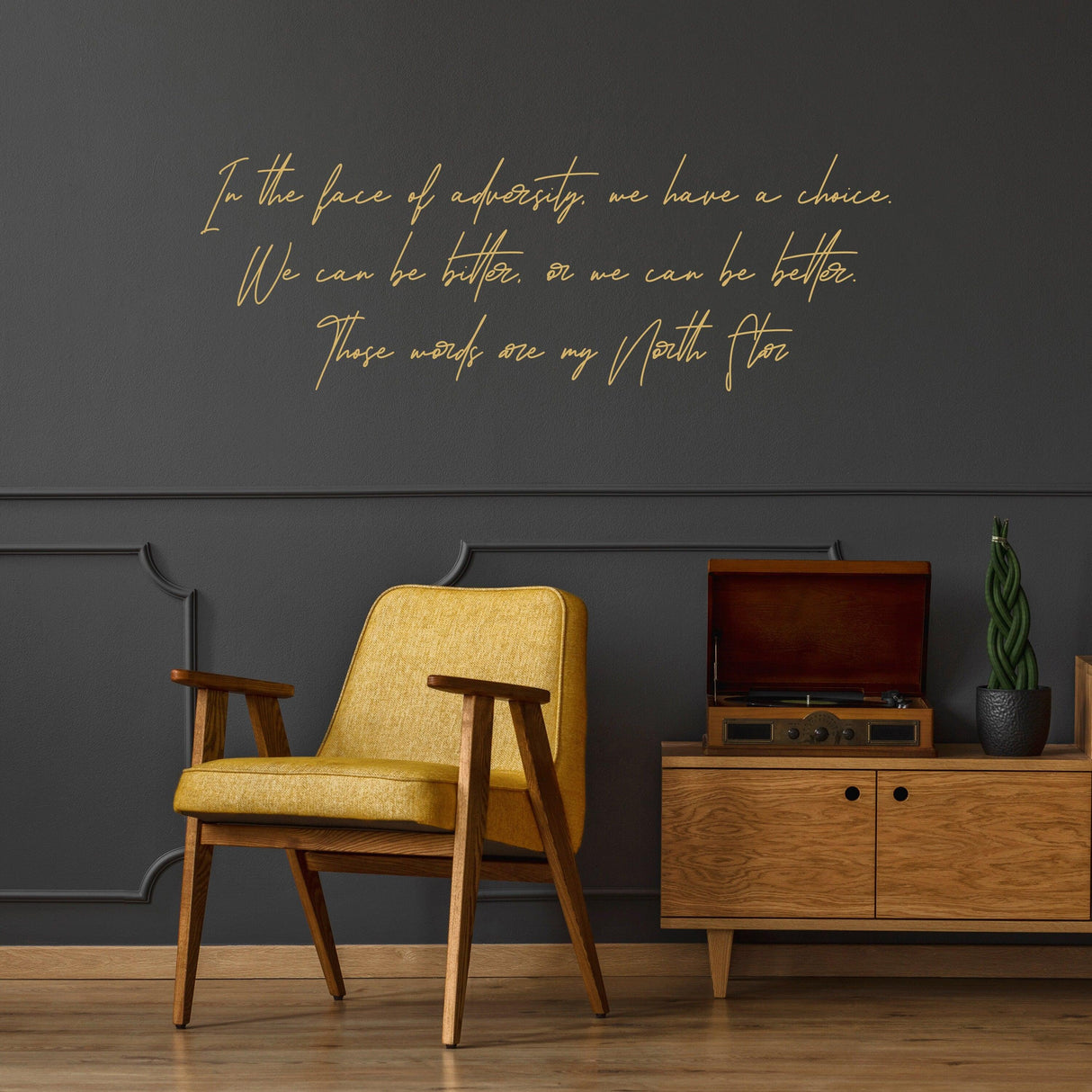 Inspirational positive quote wall decal in stylish living room with yellow chair and vintage record player.