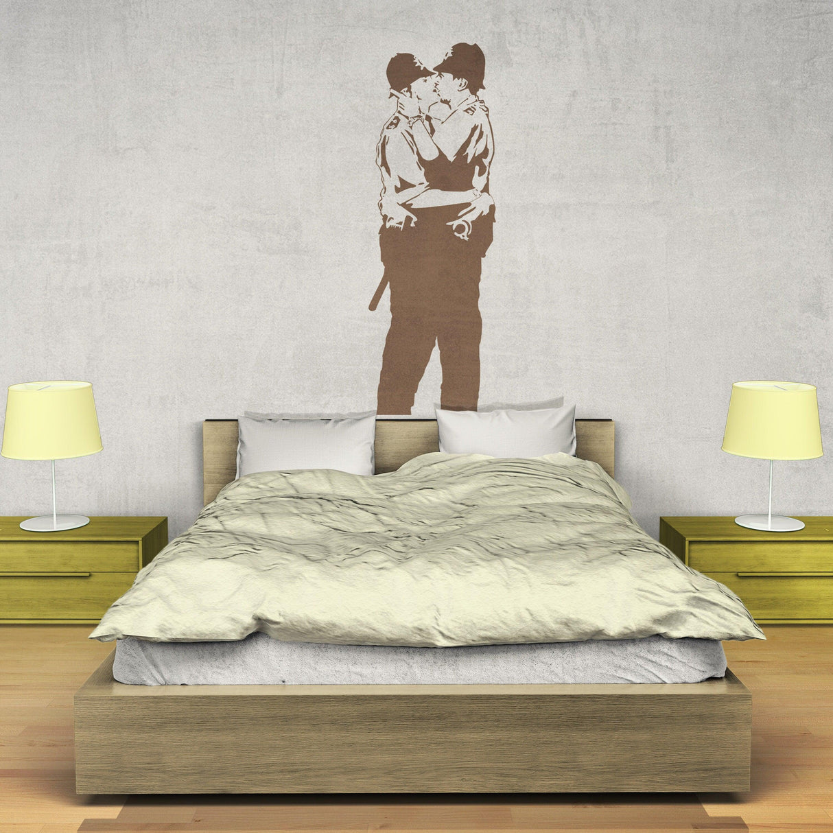 Banksy Police Kissing Wall Sticker above a modern bed, adding artistic flair to a bedroom decor.