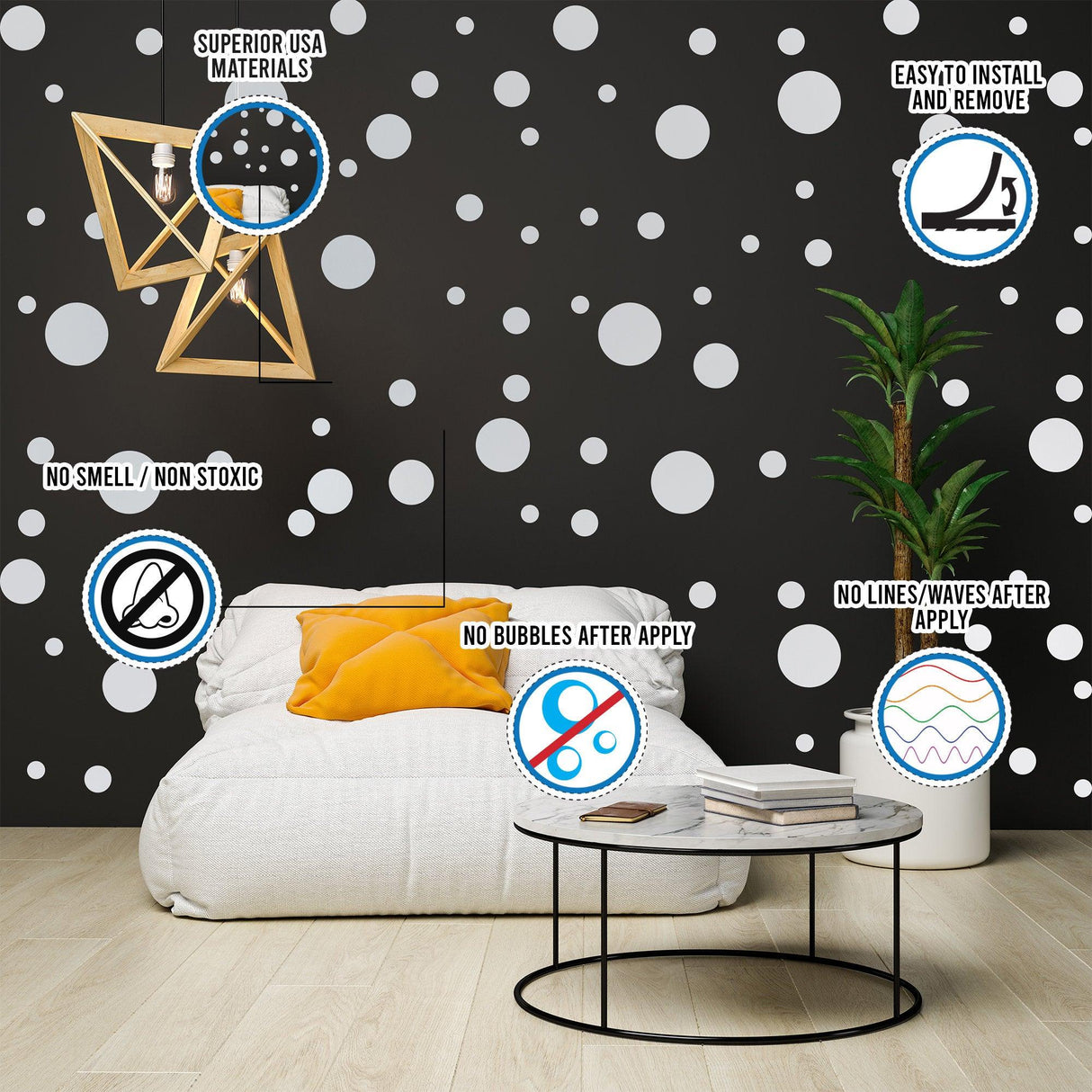 Polka dots wall decals in a stylish room with modern decor, showcasing easy application and quality materials.