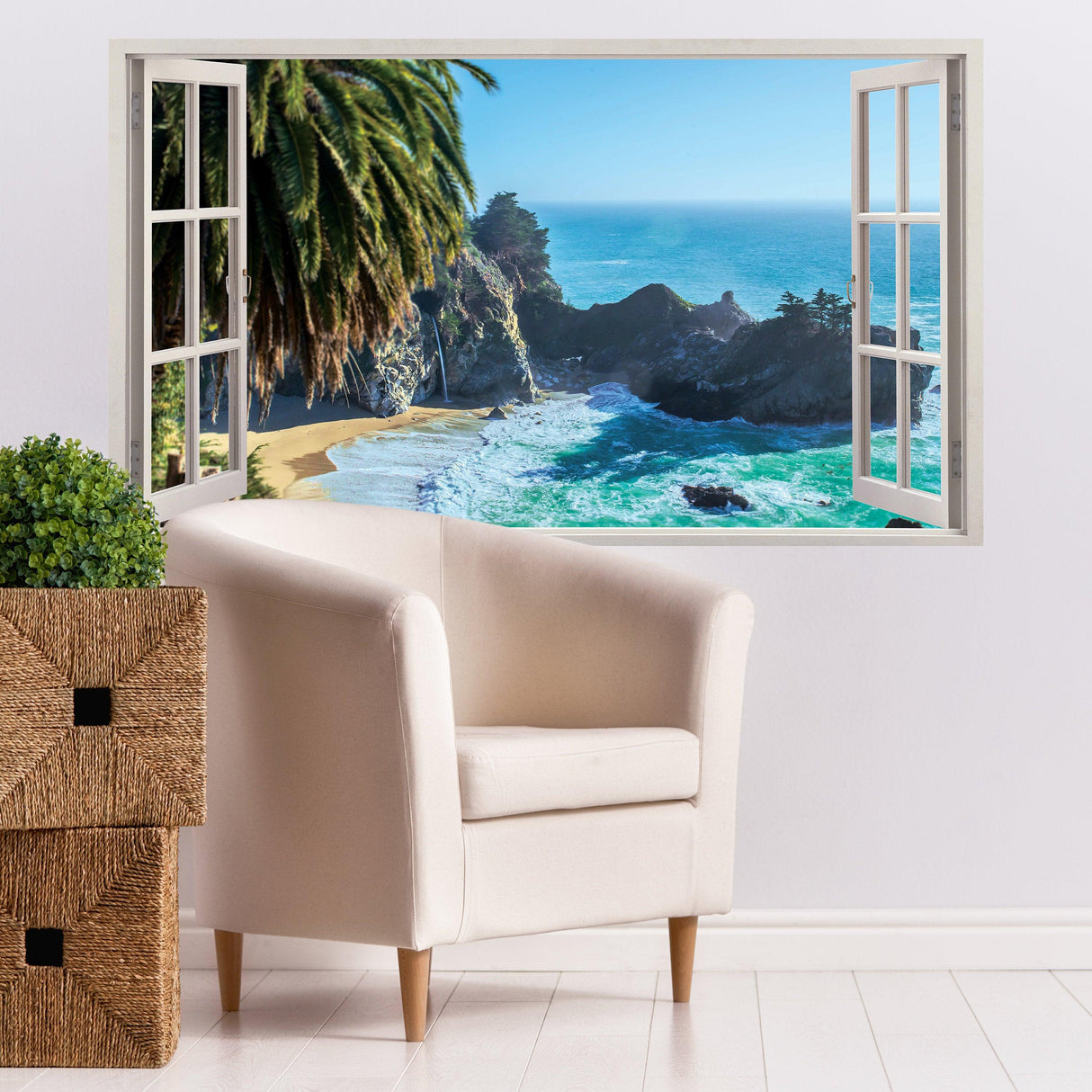 3D window beach view wall sticker with ocean scene, enhancing a cozy interior space with nature's beauty.