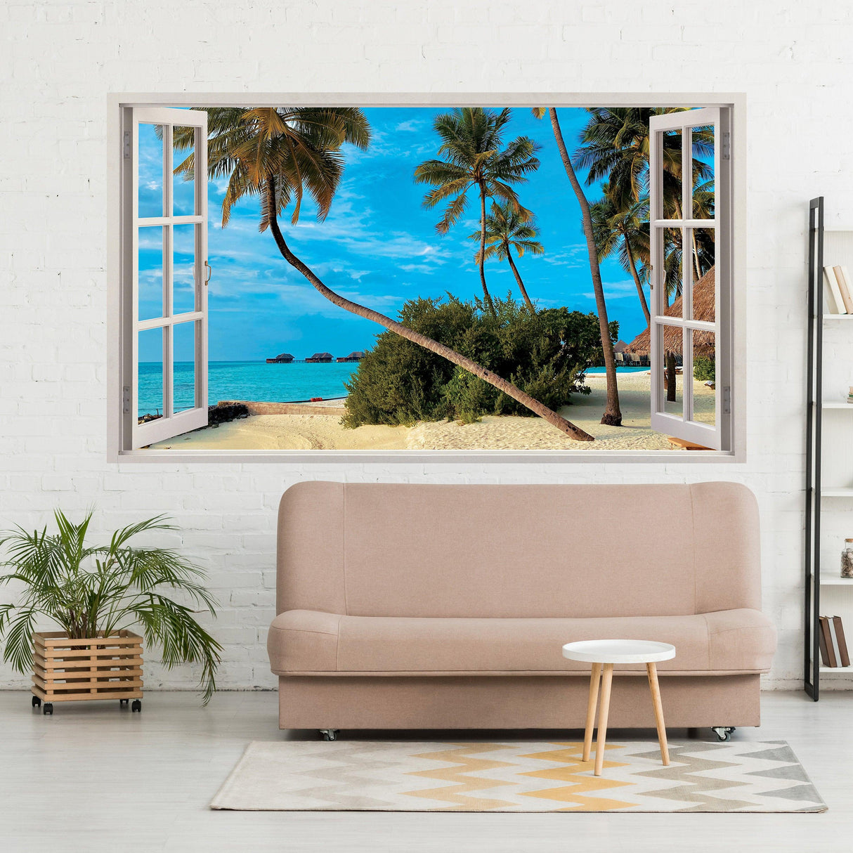 3D beach view wall sticker featuring an ocean scene with palm trees, creating a serene atmosphere in a modern living room.