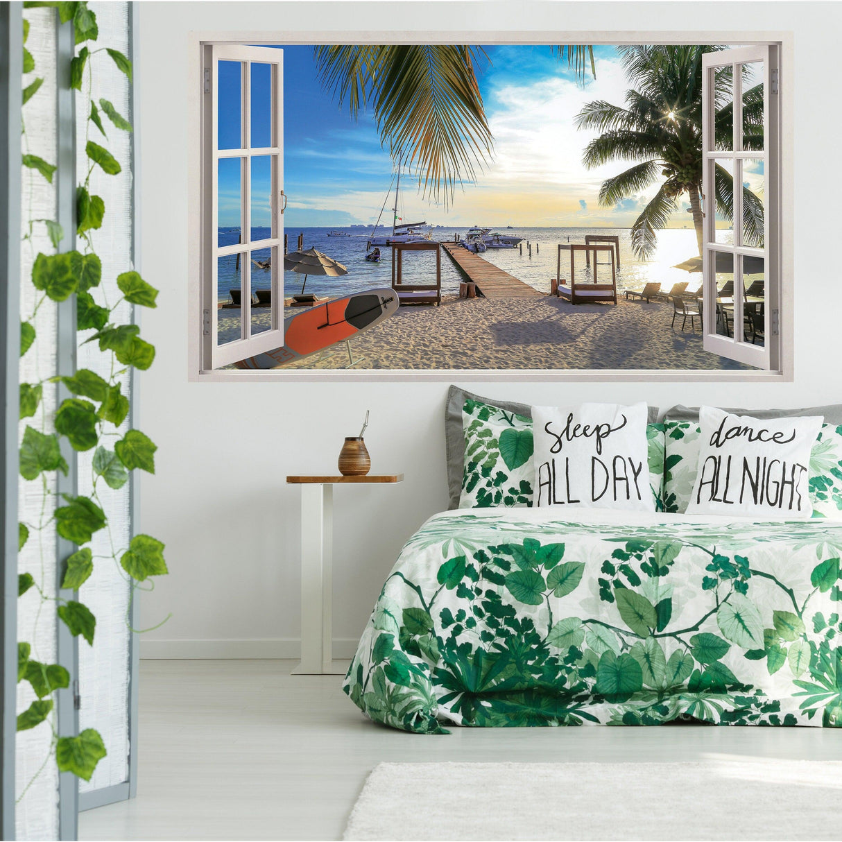 3D window beach view wall sticker in a bedroom, showcasing stunning ocean scene with palm trees and sandy beach.