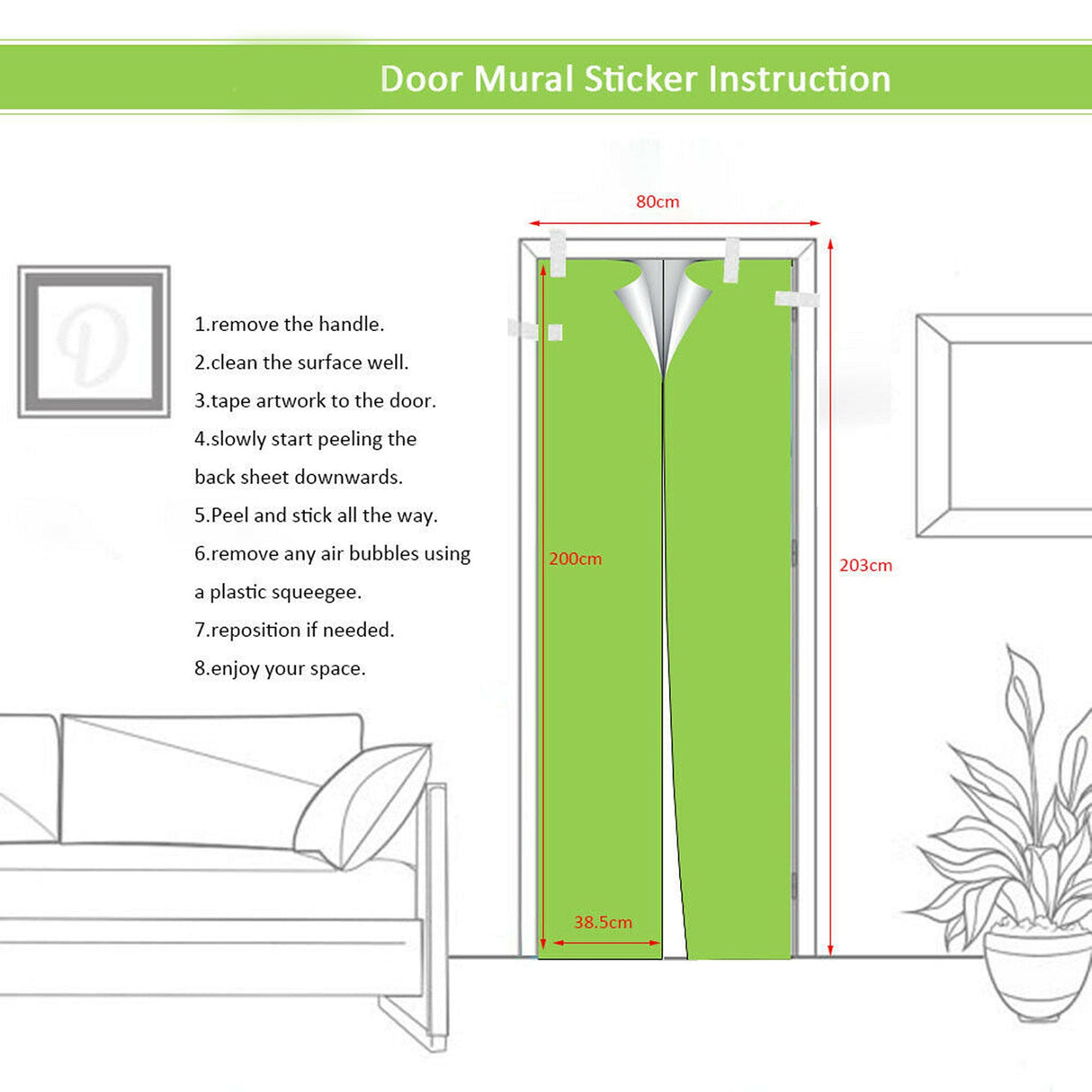 Instruction guide for applying a door mural sticker, with step-by-step visuals and measurements.
