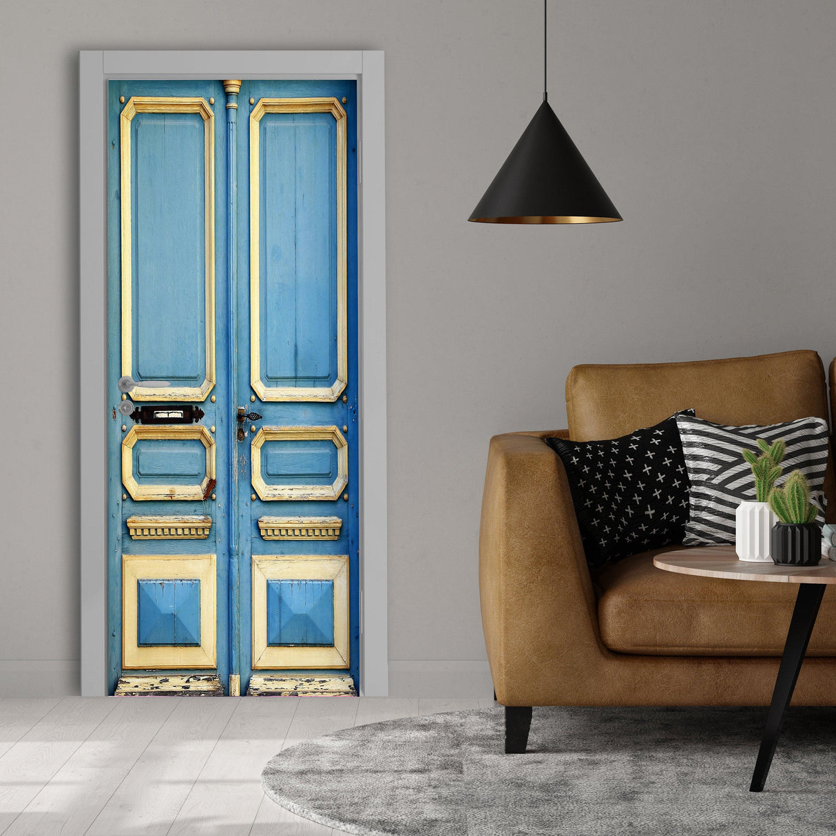 3D door cover sticker featuring a blue and gold vintage door design, enhancing home decor.