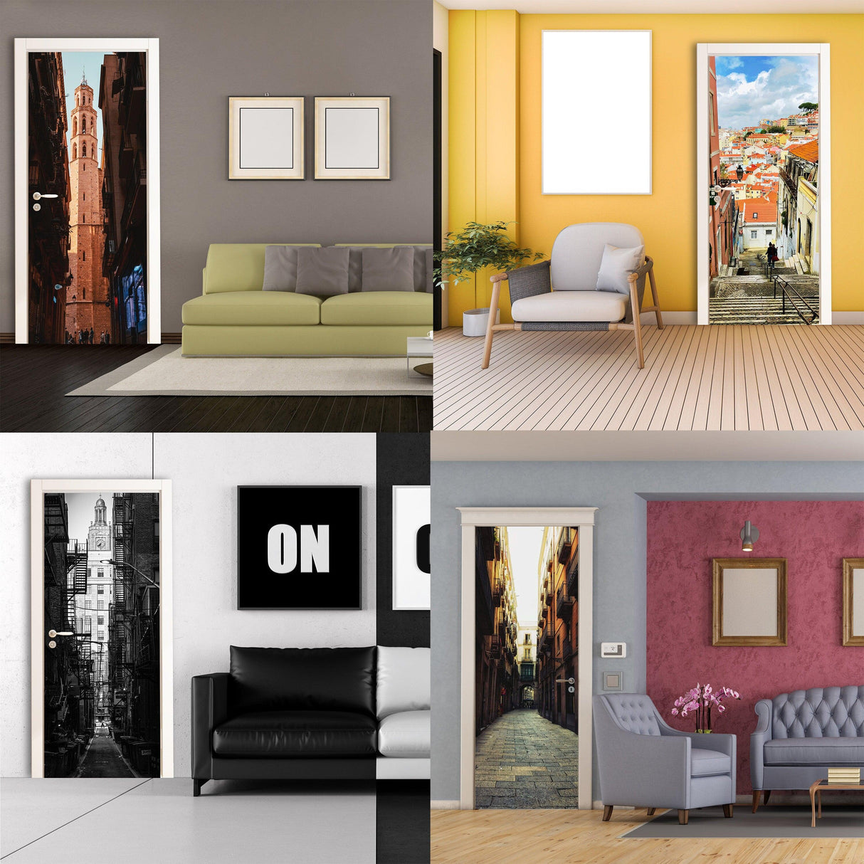 Collage of stylish interior doors featuring 3D street wallpaper stickers in various home settings.